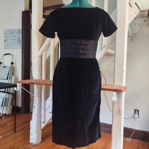 Vintage Sue Brett Black Velvet Cocktail Dress Satin Cummerbund Waist Mid Century